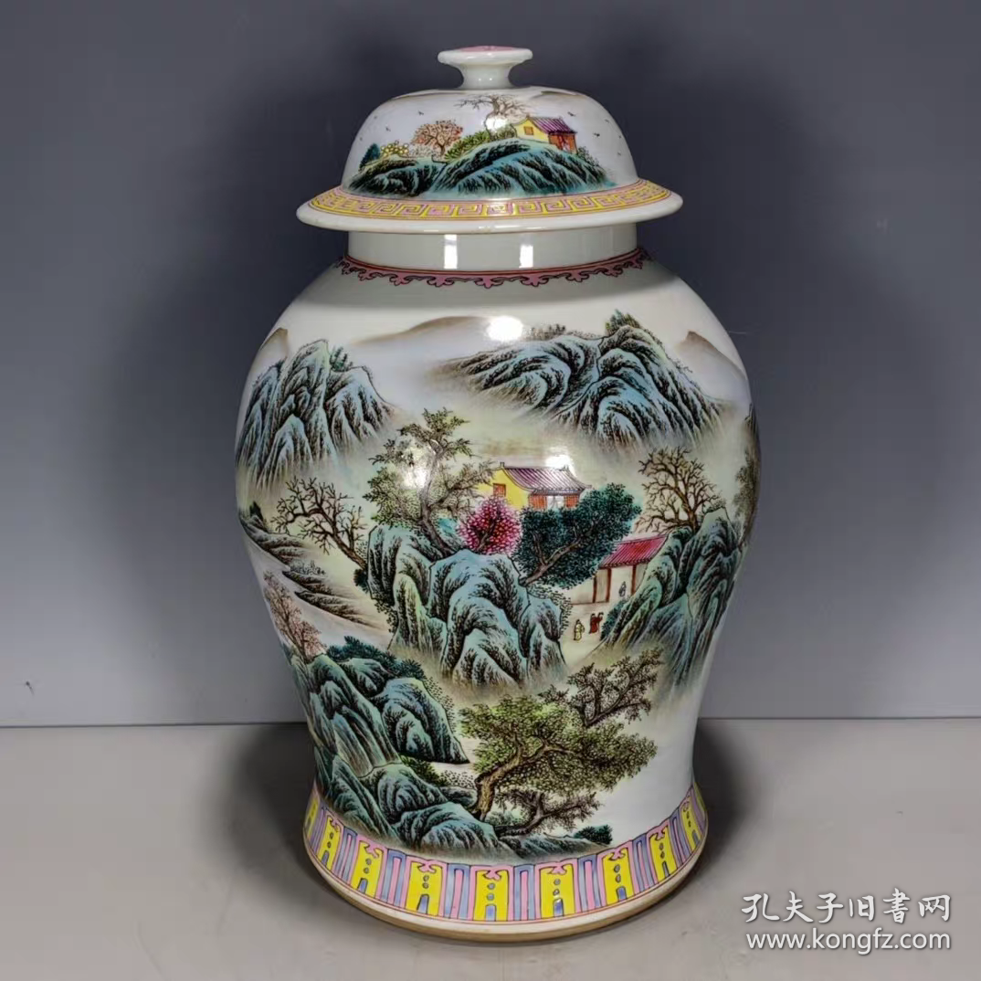 清粉彩山水图盖罐
