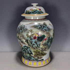 清粉彩山水图盖罐