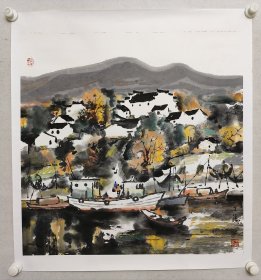 本溪市美协主席，丁涛《水乡风情》精美国画69*69cm，纸本托片。（保真书画）