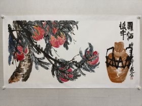 保真书画，齐派弟子，烟台市美协副主席，由庆生四尺整纸国画佳作《菊酒延年》69*139cm，纸本托片。