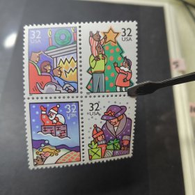USA105美国邮票 1996年 圣诞节 方联 新 4全 有软折，如图