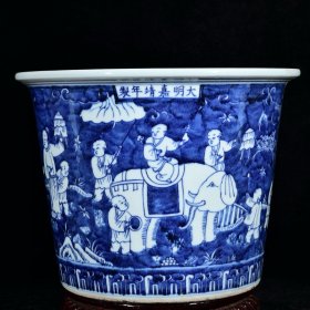 大明嘉靖年制青花婴戏图纹花盆 高27.7径36厘米2