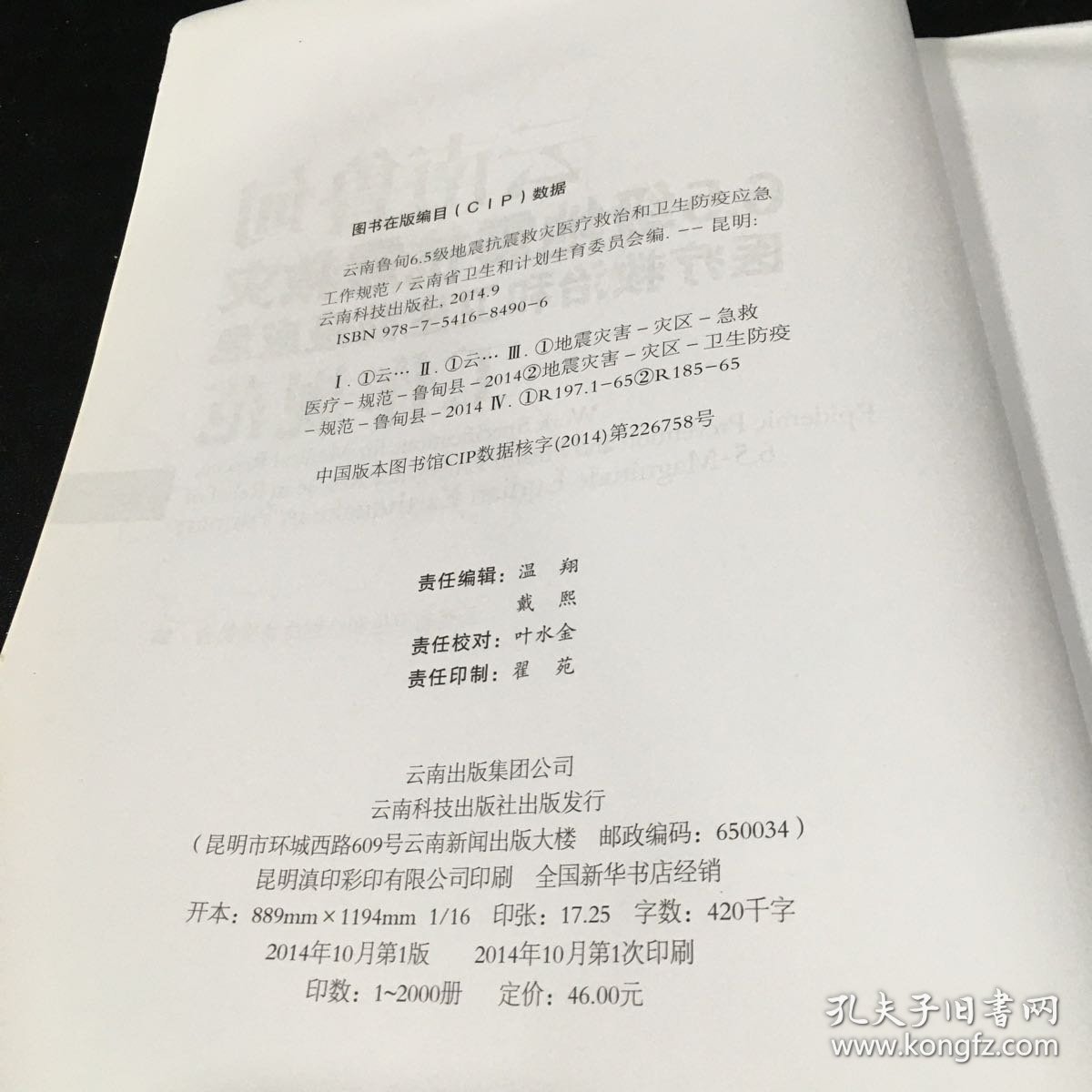 云南鲁甸6.5级地震抗震救灾医疗救治和卫生防疫应急工作规范【上书口轻微卷曲】