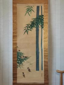 老花鸟画挂轴竹雀，桂香款，绢本绫裱，画芯114×40，无轴头。