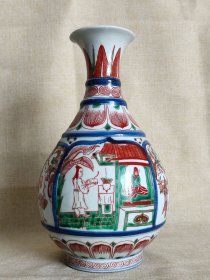 大明万历年制五彩人物玉壶春瓶一个，包浆醇厚