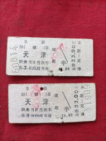 硬纸板火车票:阜新一一天津(2张)