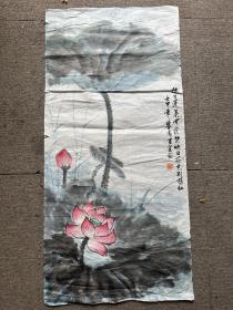 【铁牍精舍】【名家书画】【画2-9】百灵设色荷花软片，92x43.8cm。