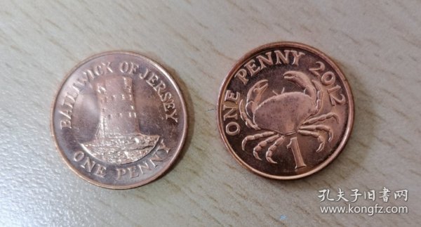 英属泽西岛2012年1便士灯塔币、英属根西岛2012年1便士螃蟹币，2币合售，伊丽莎白女士老年头像，品相好，铜币