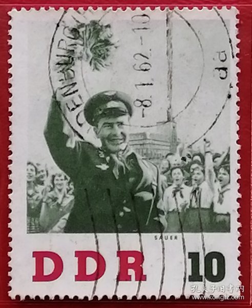 民主德国邮票 东德 1961年 苏联宇航员季托夫访德 访问莱比锡 6-2 信销 飞上太空的最年轻的航天员,世界上第二位进入太空的航天员.莫斯科时间1961年8月6日上午9时，季托夫驾驶东方2号飞船升空，成功绕地球飞行25小时11分钟，绕地球11圈，创下了人类首次在太空中停留超过24小时的记录。