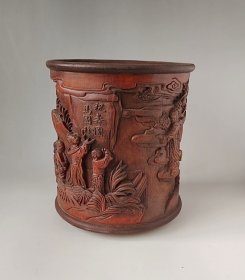 竹雕笔筒《祝寿图》
