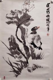 李桂军《夜荷栖鹅》国画作品一幅，纸本托片，尺寸：104*68