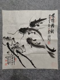 四川名家 何老 周老合作 旧国画软片 年年有余 原稿手绘真迹（画心软片尺寸53*49厘米）