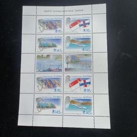 LV02外国邮票荷属安的列斯邮票2004年8月23日国际邮票展览会“新加坡世界邮票锦标赛2004年”  圣马丁码头 新加坡和安的列斯国旗等 新 小全张 米录13欧 有一处压痕，如图三
