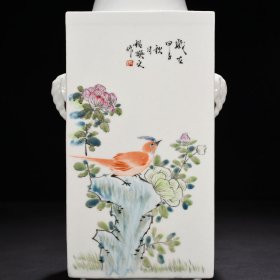 旧藏 清光绪浅绛彩花鸟纹琮式瓶 30*16厘米