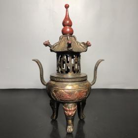 珍藏纯铜泥金点朱砂彩塔炉，