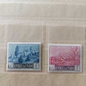 mjl21外国邮票 圣马力诺1949年 蒂塔诺山风景 新 2枚 背贴 泛黄 如图
