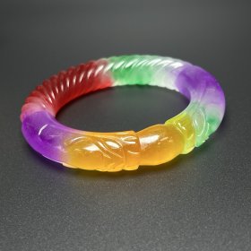 珍藏1翡翠冰种多彩玉石雕刻双龙手镯 内口径：60/14mm左右