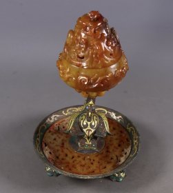 战汉时期铜错金银镶嵌和田玉熏炉高23.5厘米直径14.5厘米重1048克