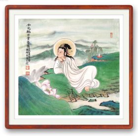 观音像40×40厘米，宣纸软片未裱，装框图为效果图。 张谦原名张勇，字文进，号天东人，又号游心堂主。张宝珠先生入室弟子，早年随王炳龙老师学习花鸟。现为中国美术家协会会员，山东省美术家协会会员，山东画院画师，中国画创作研究院院聘画家，肥城市第九届十届政协委员。1968年生于山东肥城。2014年考入北京大学艺术学院中国画方向研究生班，就读于范扬工作室