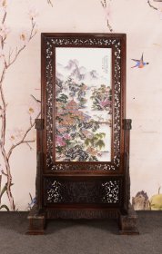 珠山艺术大师张志汤作品赏析！ 红木雕花框镶粉彩山水瓷板画《亭台楼阁》竖插座屏！ 收藏送礼佳品