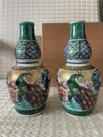 日本回流 德利 酒器 酒具 葫芦瓶 花器 花入 花瓶 花道具 交趾釉 满工满绘 器形优美 六大古窑 九谷烧 名家 作 底部带款 有原盒 木盒 精品