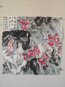 江文湛国画斗方一幅，中国美术家协会会员，陕西文史馆研究员，尺寸:68*68cm。