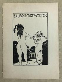 比亚兹莱藏书票《老头与裸女》英国早期线刻藏书票 Aubrey Beardsley  日本Japan paper印制，透光可见纸张纹路