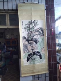国画大师，齐白石弟子李苦禅彩绘双禄图轴，66×123CM。