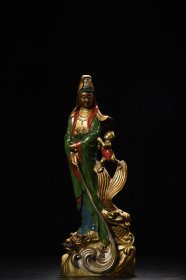 铜彩绘童子拜观音造像