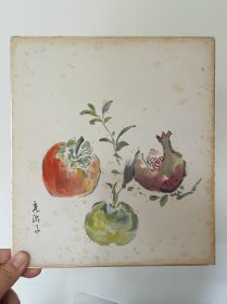 554日本卡纸色纸画，回流老字画。纯手绘，写意国画，水墨画。色纸。柿子，橘子，石榴 疏果