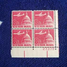 美国航空邮票1963年雕刻版飞机飞跃白宫一全 新票四方联