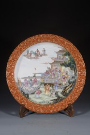 清乾隆珐瑯彩雕刻万寿边群仙祝寿盘子