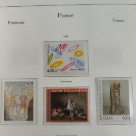 FR3法国邮票--1997艺术系列-塞萨尔·巴尔达奇尼雕塑《拇指》塔旺教堂壁画 夏尔丹《葡萄和石榴》等 外国邮票 新 4全