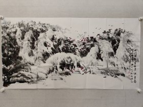 著名冰雪画家，高成山四尺整纸冰雪山水画70*136cm《我们虽然是麻雀，但勇气可比雄鹰》，软片。高成山，著名冰雪画家，于志学先生入室弟子，牡丹江市书画院原院长。中国牡丹江冰雪画院院长、中国冰雪画研究会理事、中国书法家协会会员、黑龙江省美术家协会会员、黑龙江省作家协会会员、牡丹江市作家协会副主席、牡丹江市美术家协会名誉主席。（保真书画）