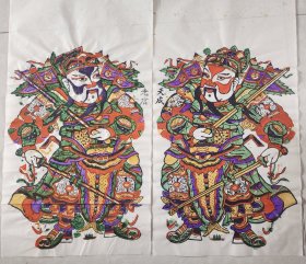 精品首现！！！朱仙镇木版年画社木刻木版年画版画*抱剑秦琼敬德门神一对*