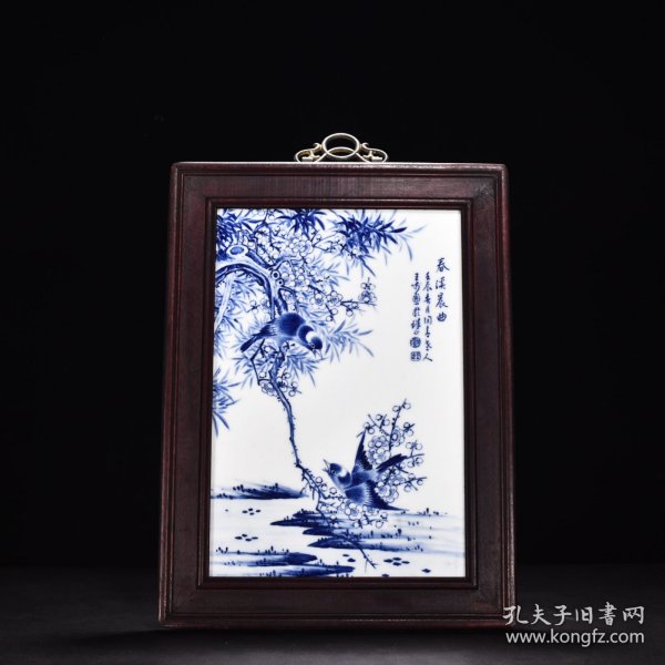 民国竹溪道人王步青花春溪晨曲花鸟瓷板画 高43厘米宽32厘米