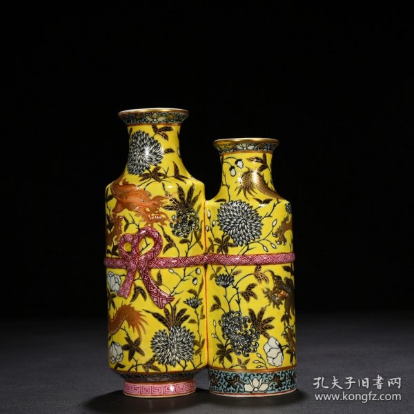 清光绪永庆长春大雅斋黄地墨彩描金龙纹双连瓶 20.5*14厘米