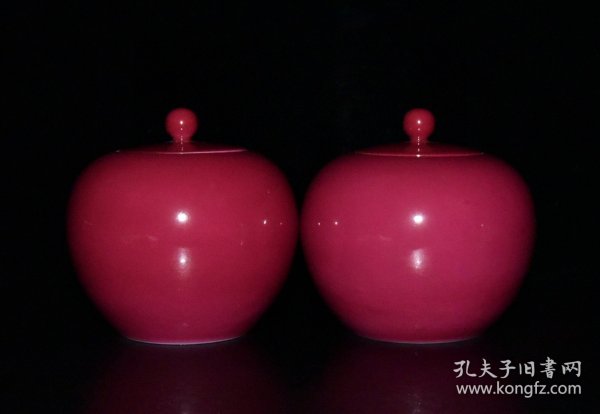清雍正胭脂红釉茶叶盖罐一对【11×11.5cm】