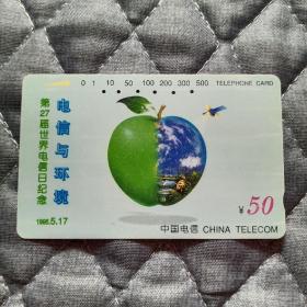 磁卡田村卡电信与环境，第27届世界电信日纪念，1张全流通卡，CNT-6-(1-1)，品相如图。