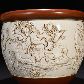 旧藏 清光绪王炳荣雕刻莲池鸳鸯纹卷缸 20*25厘米