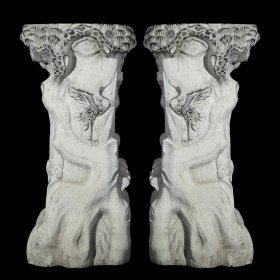 青石雕刻松鹤延年根状石柱、花几一对 高70厘米 直径32厘米