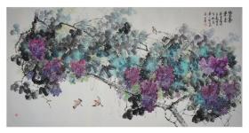 保真书画，杭州画院特聘画家，范怀岳八尺整纸巨幅花鸟画《紫气东来》126×251cm，纸本托片。