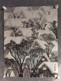 1467h刘文硕，著名画家《雪景》品相如图自然旧包浆，保真作品，画芯尺寸为68x在51