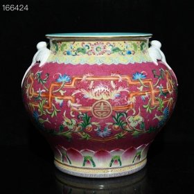 清乾隆粉彩胭脂红扒花花卉纹燕子缸古董收藏品瓷器