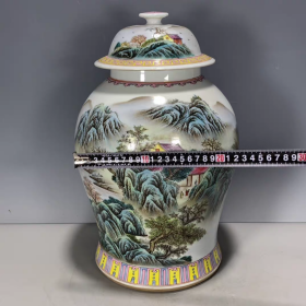 清粉彩山水图盖罐