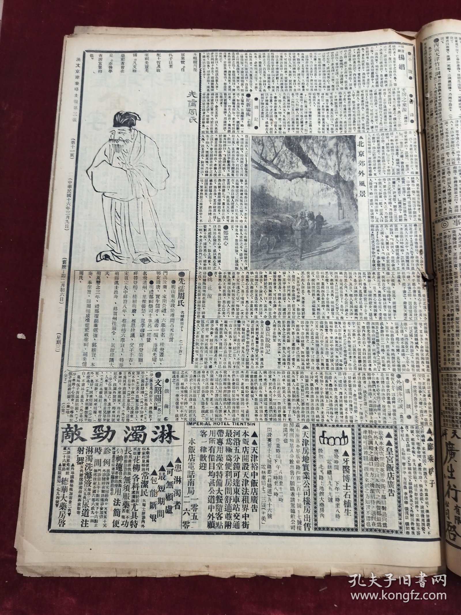 民国十六年三月泰晤士报1927年3月9日大前门香烟儿安氏秘制保肾丸惠罗公司天津北京郊外风景杨娼天津北京陈调元褚玉璞张宗昌城市安津浦铁路三多牌香烟红锡包香烟贵州味素木兰牌长途汽车