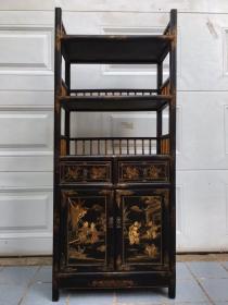 木胎漆器描金多子多福书柜，做工精细，造型独特，长55厘米，宽32厘米，高127厘米，