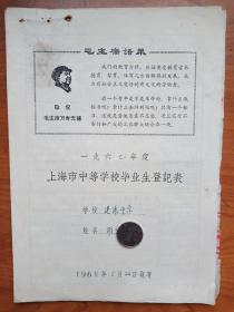 带毛主席语录的上海市中等学校毕业生登记表.