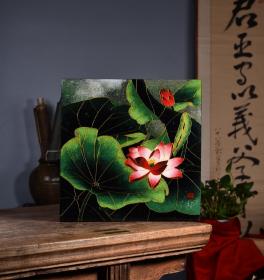 景泰蓝《荷韵》木胎平面掐丝珐琅铂晶画