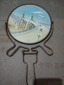 民俗老物件:长江大桥印花竹镜面老镜子